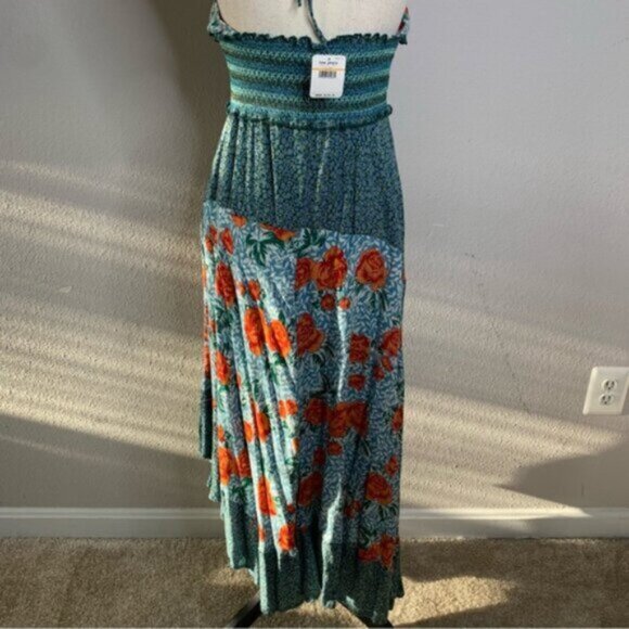 NWT Free People Pleated Halter Sundress in Blue and Orange Midi Dress - Picture 13 of 16